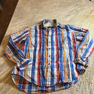Robert Graham Rainbow plaid  Shirt size XL in EUC flip cuffs 100% cotton